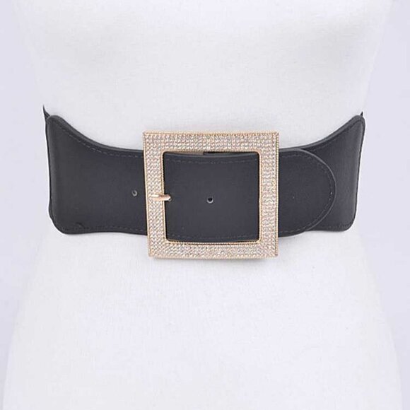 Crystal Buckle Plus Size Elastic Belt - Black/Gold - Picture 1 of 6